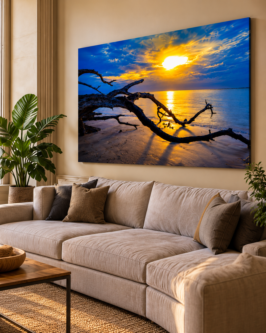 Room visualization of a Boneyard Beach metal print above a beige sofa
